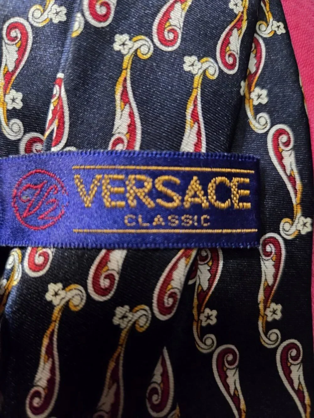 Vtg 90s Versace Classic V2 Mens Necktie Navy Blue Red Paisley